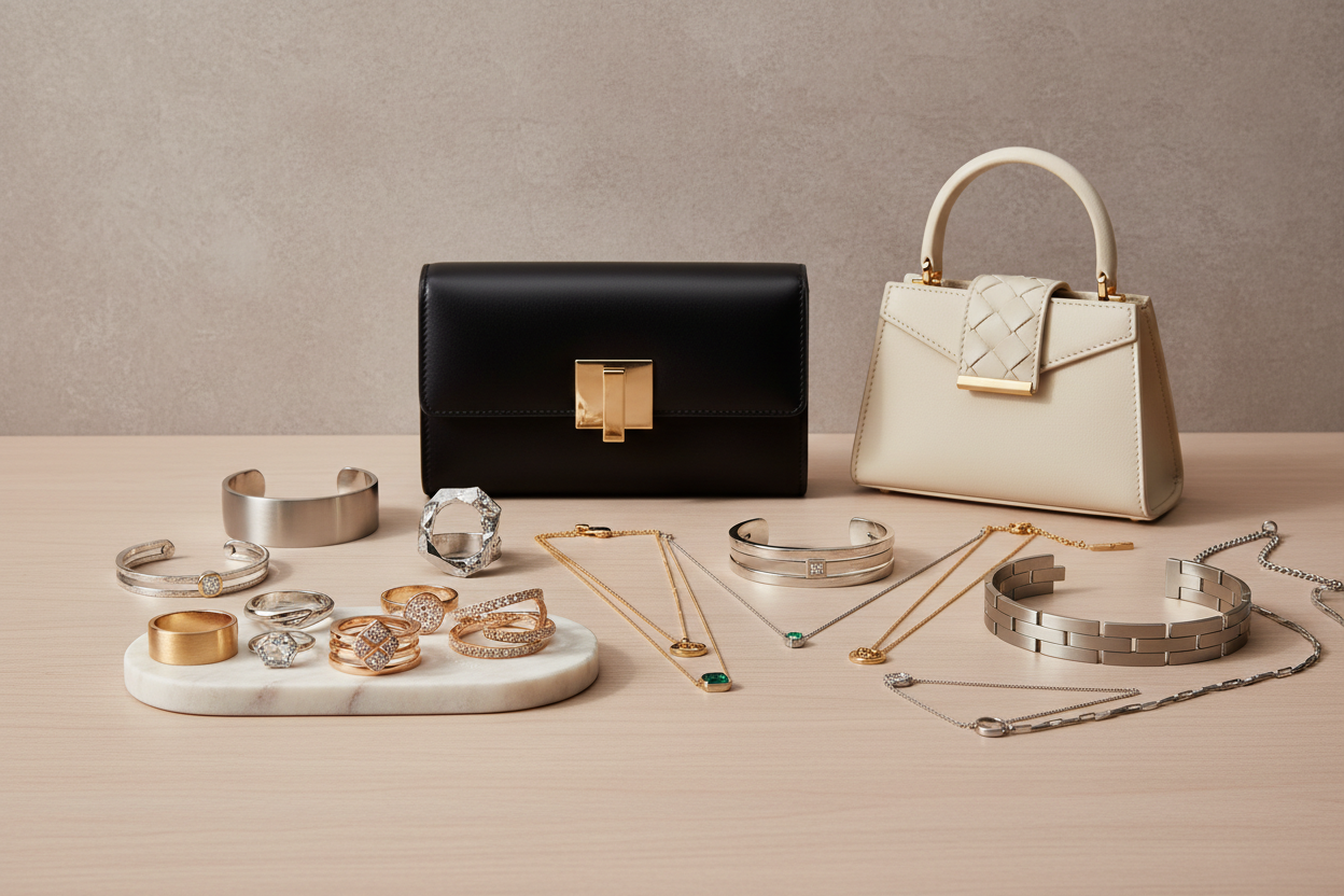 a lot of varients rings bracelets bags and necklaces, not very bright wallpaper, modern jewelleries