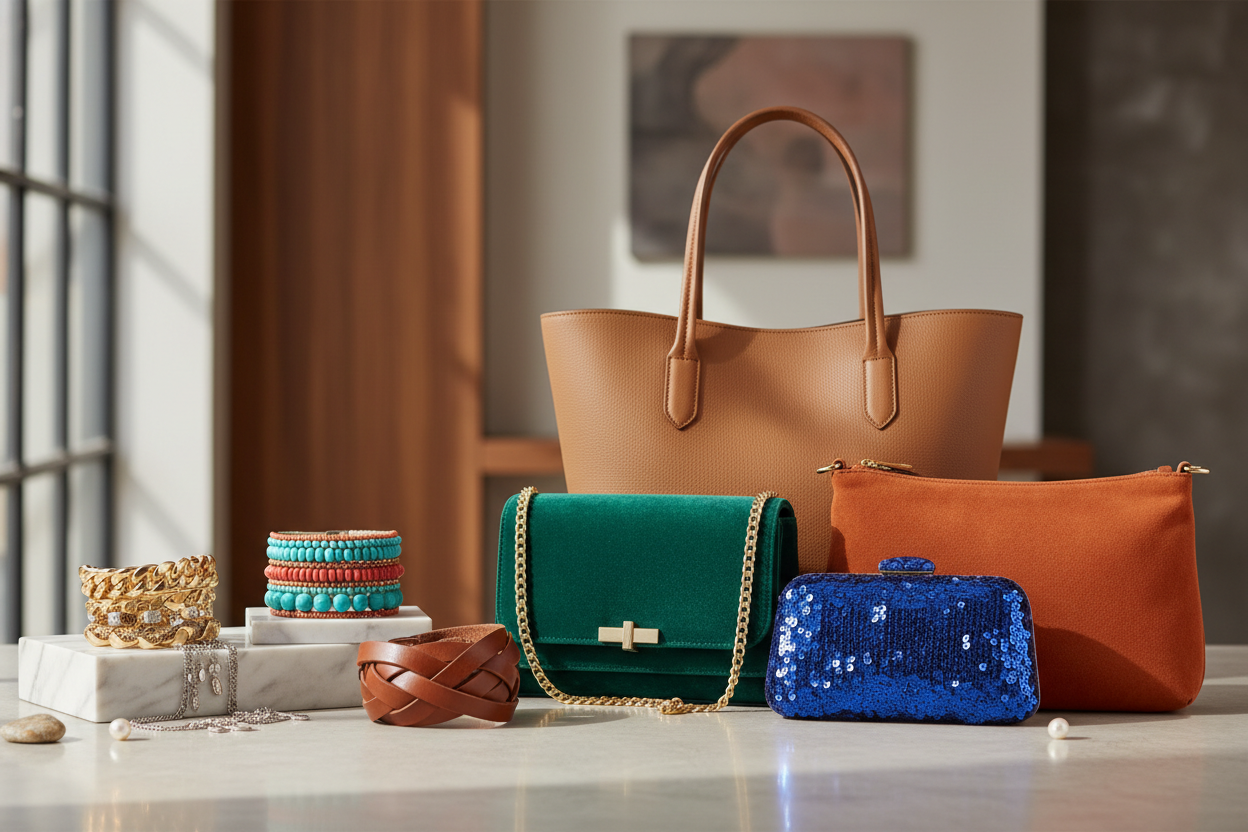 collection of bracelets and bags